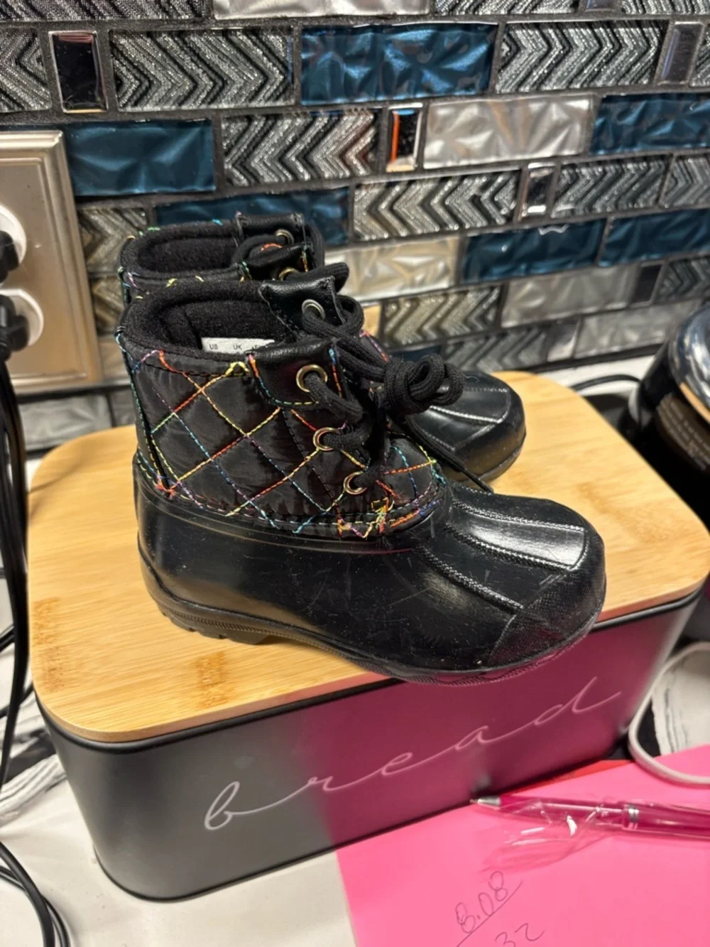 Sperry Black Quilted Kids Rain & Snow Duck Boots with Multicolor Stitching